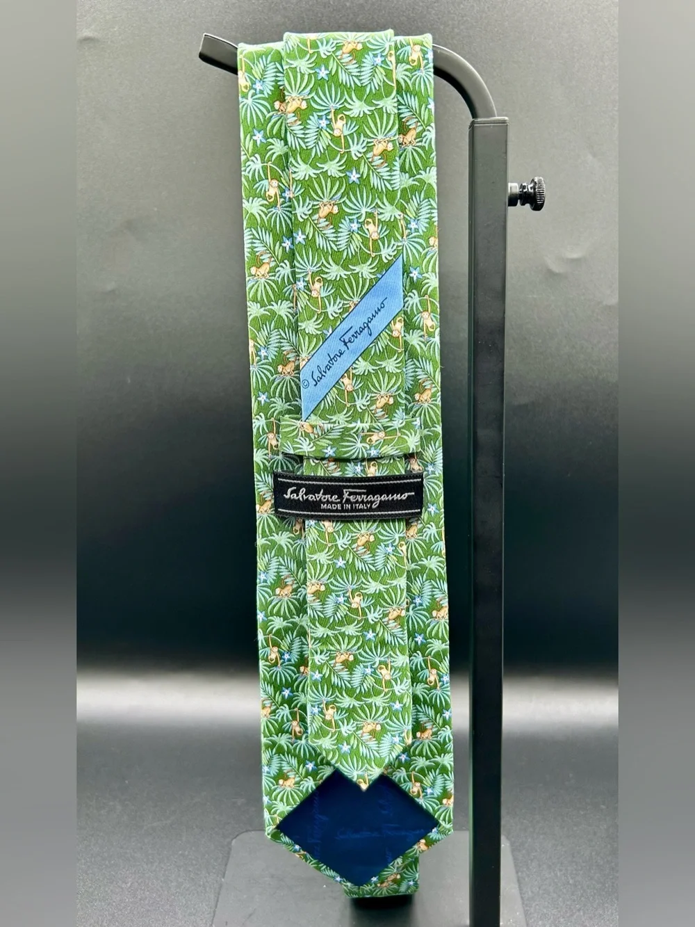 SALVATORE FERRAGAMO Silk Neck Tie - Tropical Jungle Leaf and Monkey motif.